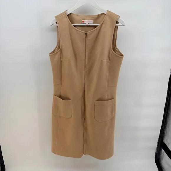 Jude Connally Becky Camel Faux Suede Zip Front Sleeveless Beige Mini Dress - Picture 2 of 5